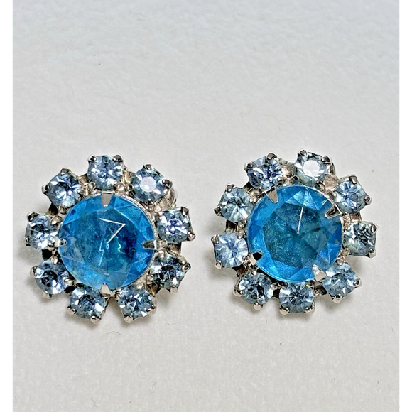 Vintage Blue Rhinestone Prong Set Clip On Earrings Silver-tone - Picture 9 of 15